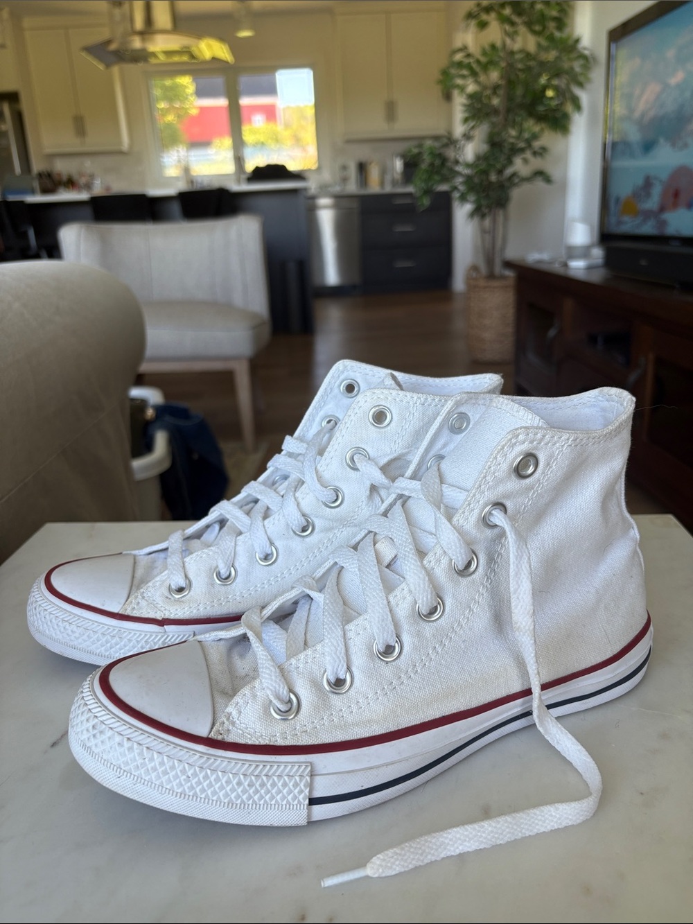 Converse White High-Top Kids Canvas Sneakers with Red Trim